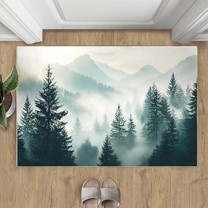 Misty Forest 5x8 Area Rug Natural Landscape Washable Rugs for Living Room Bedroom, Green Woods Soft Low Pile Non Slip Accent Floor Mat Print Throw Rug Indoor Carpet Dining Room Playroom