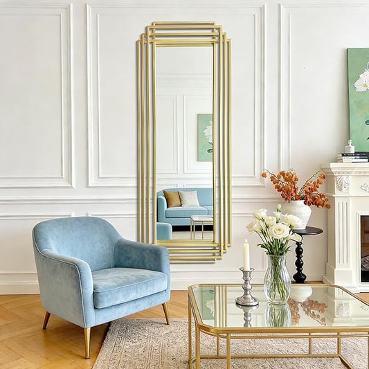 Large Geometric Wall Mirror, 67"x26" Modern Rectangle Full Length Mirror with Gold Metal Frame, Elegant Art Deco Mirror for Living Room Entryway Hallway, Hangs Vertically or Horizontally