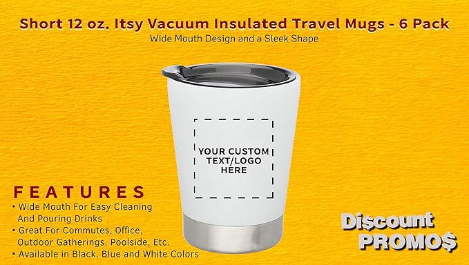 Personalized 12 oz. Itsy Vacuum Insulated Travel Mugs - 6 Pack - Custom Text, Logo - White
