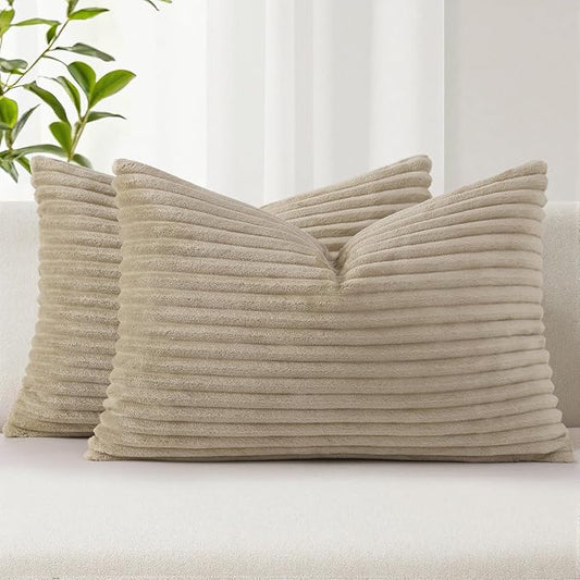 Simmore Decorative Spring Throw Pillow Covers 12x20 Set of 2, Soft Natural Plush Flannel Double-Sided Fluffy Lumbar Pillow Covers for Couch Sofa Living Room, Khaki