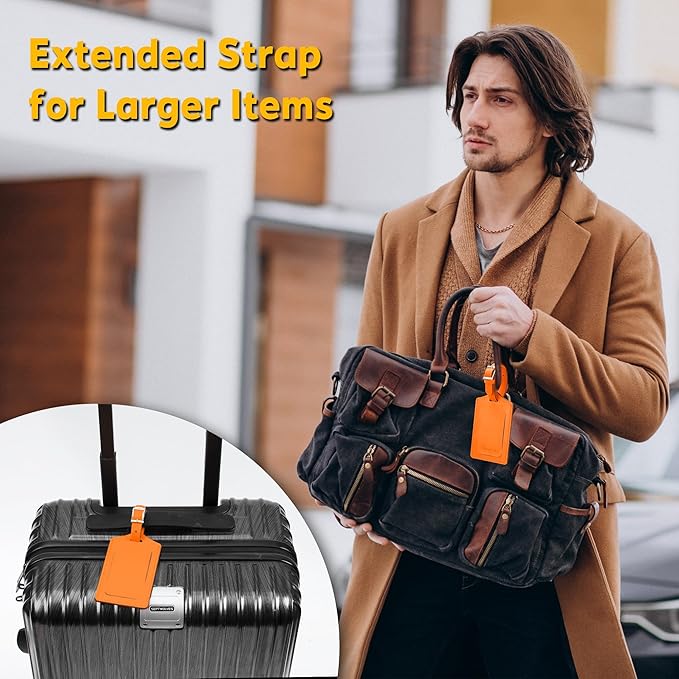 Travelambo 8 Pack Luggage Tags Faux Leather for Suitcases Travel Bag Labels Travel Accessories Essential with Protection Cover ID (Orange)