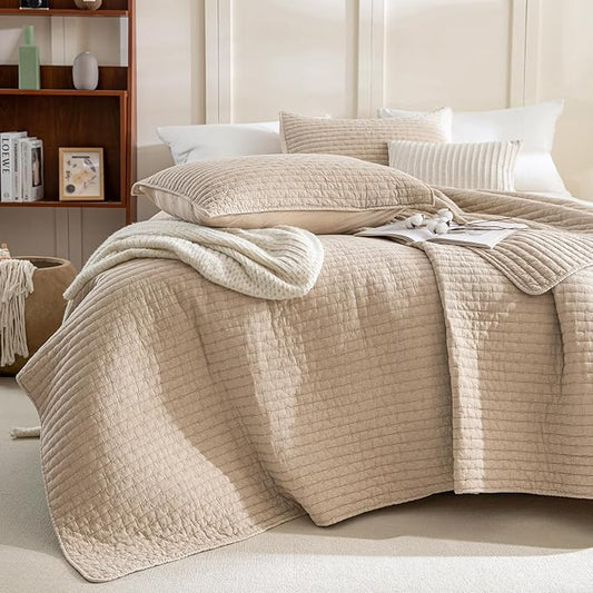Sanracie Oversized King Bedspread (128"x120"), 100% Cotton Cross Stitch Pattern California King Coverlet Quilt Set 3Pcs Warm Taupe Colored Lightweight Extra Large King Bed Quilt for All Season