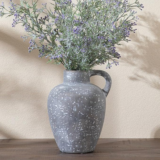Ceramic Decorative Flower Vase with Handle, 8.85 Inch Black Pottery Rustic Farmhouse Vase for Home Decor, Living Room, Shelf Decor, Wedding, Housewarming Gift