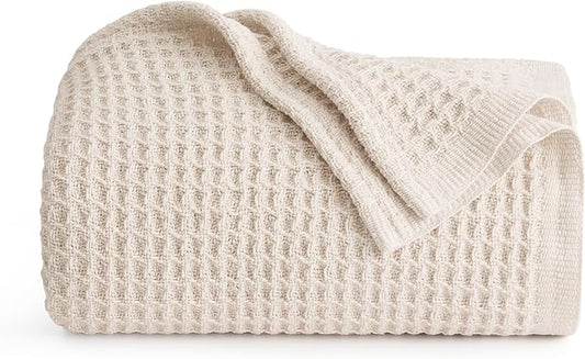 Bedsure Gentlesoft 100% Cotton Large Throw Blanket for Couch 50x70 inches - Breathable and Soft, Waffle Weave Throw Blanket for Office, Light Beige