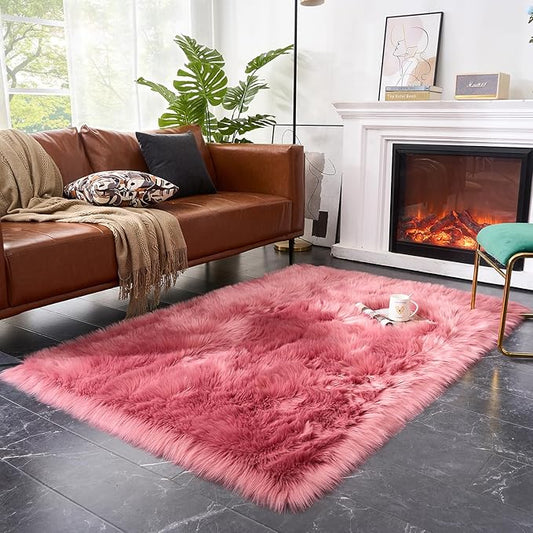EasyJoy Ultra Soft Fluffy Shaggy Area Rug Faux Fur Rug Chair Cover Seat Pad Fuzzy Area Rug for Bedroom Floor Sofa Living Room (4 x 6 ft Rectangle, BlushPink)