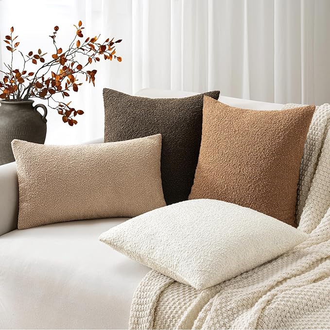 Woaboy Pack of 2 24x24 Inch Decorative Boucle Throw Pillow Covers Textured Square Pillowcaes Accent Euro Solid Cozy Soft Cushion Covers Home Decor for Sofa Couch Living Room Home Decor,Brown
