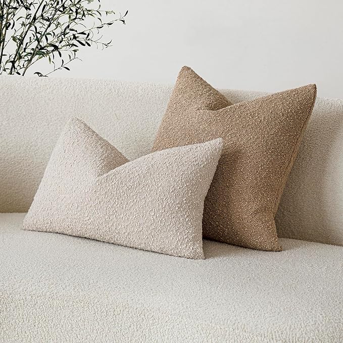 Foindtower Textured Boucle Throw Pillow Covers Accent Solid Lumbar Pillow Cases Cozy Soft Decorative Couch Cushion Case for Chair Sofa Bedroom Living Room Home Decor, 12 x 20 Inch,Light Beige