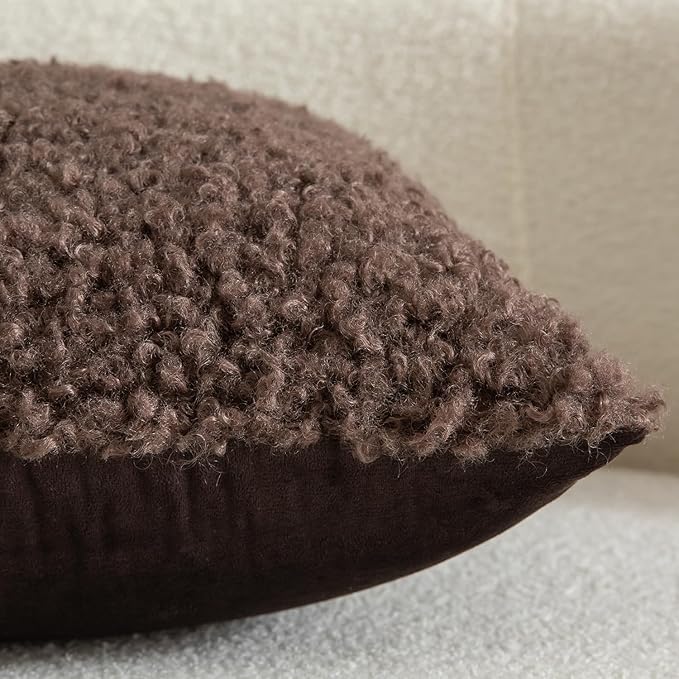 Yaertun Pack of 2 Faux Fur Throw Pillow Covers Decorative Sherpa Boucle Pillow Covers Fuzzy Soft Pillowcases Sheepskin Fleece Cushion Case for Couch Sofa Bed Living Room 18x18 Inch Chocolate
