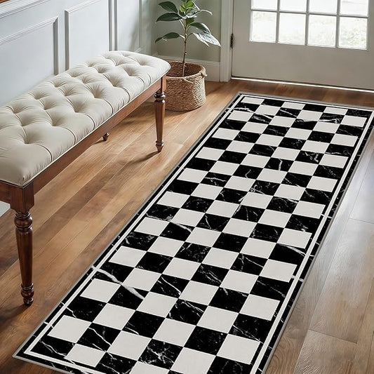 Grey Black Checkered Kitchen Hallway Carpet, 2x8ft, Abstract Black Marble Indoor Decor Washable Rugs, Durable Soft Cozy Non Slip Rug, Breathable Non Shedding Mats for Front Porch