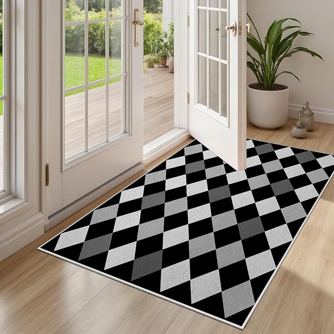 Black and White Rug 2x3, Rhombus Geometric Soft Ultra Soft Faux Wool Low Pile Rug, Indoor Floor Mats Carpet, Non-Slip Stain Resistant Washable Rugs, Modern Abstract Checkered Rugs for Living Room