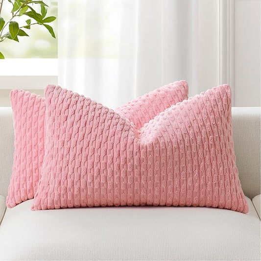 Kevin Textile Valentines Day Decorative Pillow Covers Set of 2 Striped Plush Corduroy Rectangle Lumbars Boho Home Decor Cushion Covers for Couch Sofa Bed Living Room 12x20 Inch, Pink
