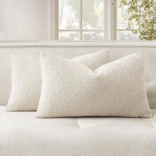 Woaboy Pack of 2 12x20 Inch Decorative Boucle Throw Pillow Covers Textured Lumbar Pillowcaes Accent Solid Cozy Soft Cushion Covers Home Decor for Sofa Couch Living Room Home Decor,Natural Beige