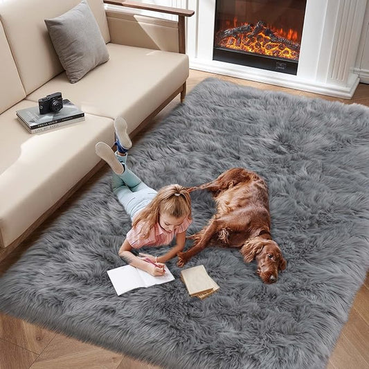 Faux Fur Area Rug, Grey Fluffy Rugs for Bedroom Living Room, 4'x6' Soft Shaggy Fuzzy Rug for Nursery, Indoor Plush Gray Floor Carpets for Kids Girls Boys Teen Dorm, Cute Home Decor, Rectangle