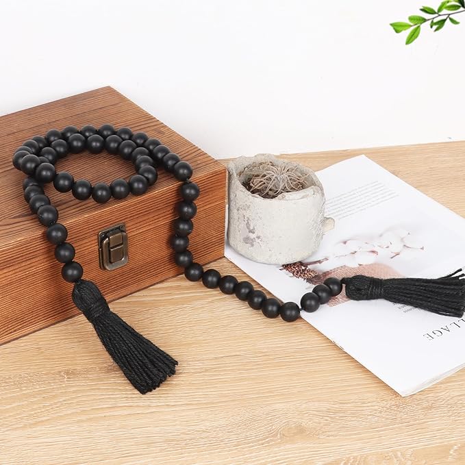 Wood Beads Garland with Tassels Farmhouse Rustic Prayer Boho Beads for Boho Home Decor, Wall Hanging Decoration (Black)