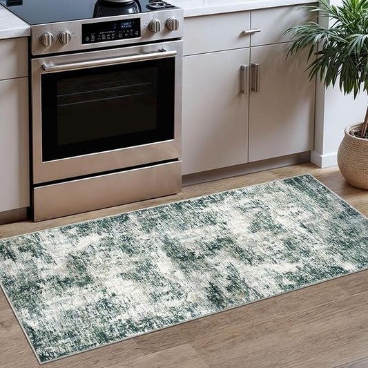 Modern Abstract Runner Rug 2x5, Grey Green Washable Entryway Kitchen Runner Non-Slip Soft Hallway Rug Runner Thin Print Faux Wool Carpet for Bedroom Laundry Room Indoor