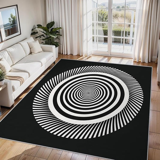 Black and White Circle Rugs for Home Decor, 5x7 ft, Abstract Op Art Area Rugs for Living Room, Soft Non Slip Washable Modern Geometric Carpet Bedroom Decorations Dt-Ghf-31