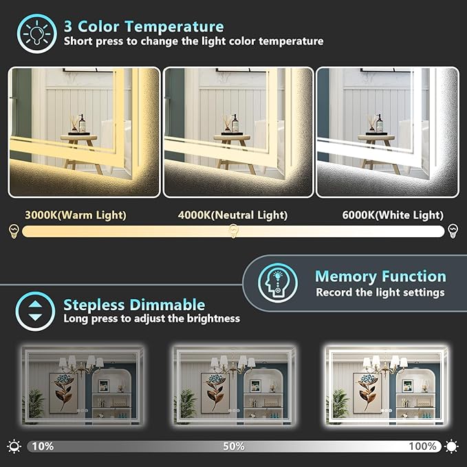 50x40 LED Bathroom Mirror with Lights, Backlit and Front Lit, Anti-Fog Lighted Vanity Mirrors for Bathroom Wall, Dimmable, 3-Color Light, Memory, Shatter-Proof, HD Tempered Glass, CRI＞90