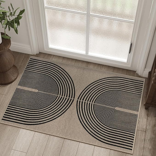 Easy Jute Rainbow Entryway Rug, 2x3 Washable Non-Slip Indoor Outdoor Doormat, Black Nature Boho Farmhouse Small Kitchen Rug Modern Abstract Throw Rugs for Entrance Bedroom Bathroom