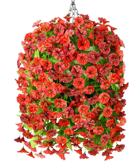 Artificial Fake Hanging Flowers Plants Baskets for Outdoor Spring Summer Decorations,Resistant Faux Morning Glory Silk Plants for Outside UV Resistant Patio Yard Home Porch Decor(Red Brown)