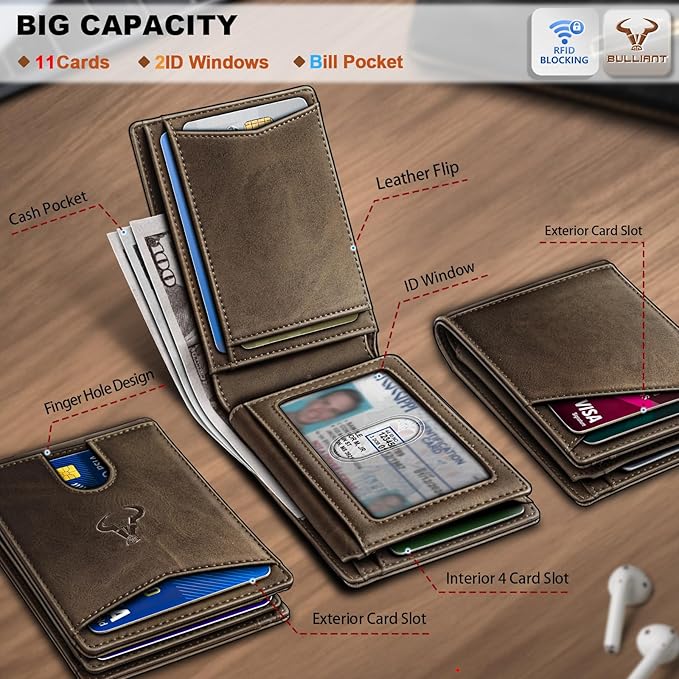 BULLIANT Men Wallet, Slim Leather Wallet Front Pocket Card Holder Gift For Men 11 Slots RFID Blocking