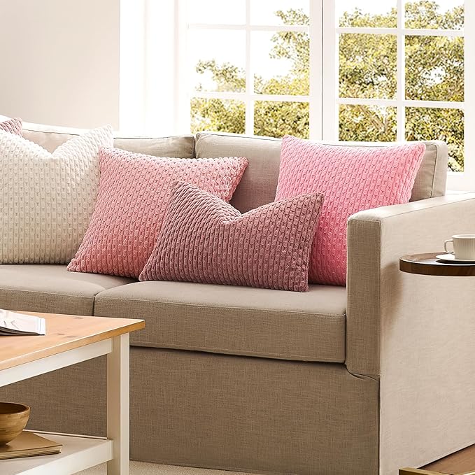 Kevin Textile Valentines Day Decorative Pillow Covers Set of 2 Striped Plush Corduroy Pillows Pillowcases Boho Home Decor Cushion Covers for Couch Sofa Bed Living Room 18x18 Inch, Dark Pink