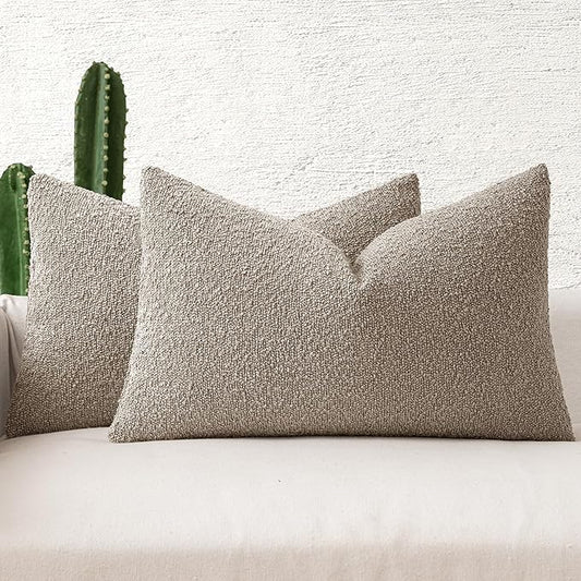 MIULEE 12x20 Inch Decorative Lumbar Throw Pillows for Bed Set of 2 Textured Boucle Neutral Winter Throw Pillow Covers Light Taupe Accent Solid Pillowcases Sofa Livingroom Home Decor