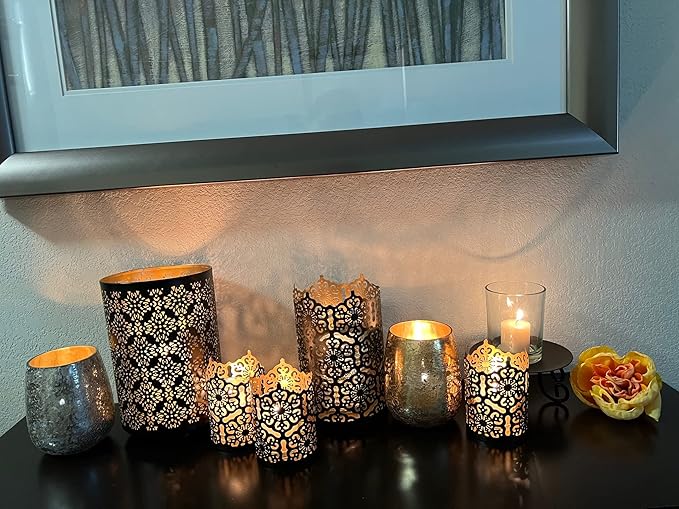 Hosley 7 Inch High Cut Bronze LED Votive Tealight Holder Lantern Intricate Floral Design for Timeless Elegance and Cozy Illumination in Stylish Home D cor Elevate Your Ambiance