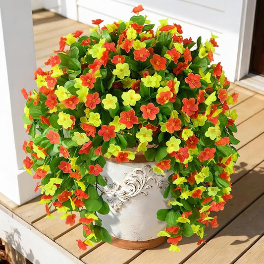 Artificial Fake Hanging Flowers for Outdoors, 2 Pcs Artificial Hanging Plants Outdoors Spring Summer Decor, UV Resistant Faux Violet Silk Flowers for Planters Front Door Yard Garden(Orange Yellow)