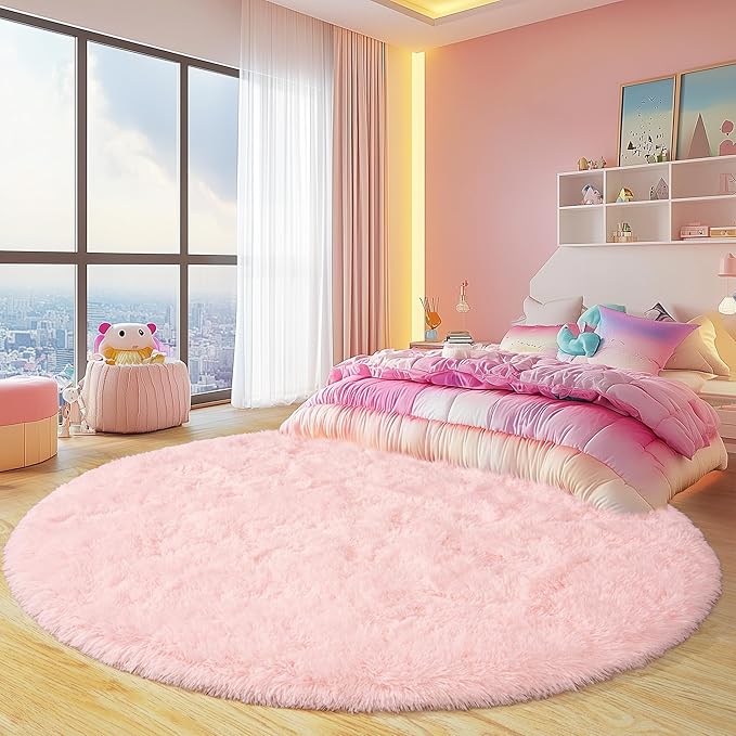 Round Fluffy Rugs 4Ft for Girls Bedroom, Pink Shag Circle Kids Rug Non-Slip for Bedside Dorm Nursery Playroom, Soft Cute Area Rugs for Living Room Decor