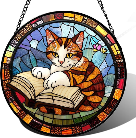 Stained Glass Window Hanging Little Cat Reading 7.8" - Suncatcher Door Garden Kitchen Sunroom Sun Catcher Home Decor Birthday for Lost Pets Mom Grandma Men Woman Friend