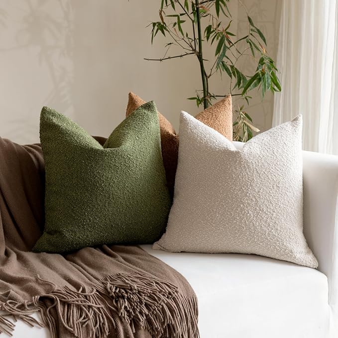 Boucle Decorative Throw Pillow Covers for Couch Set of 2, 22x22 inches, Olive