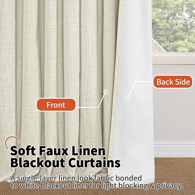 Lajode Blackout Curtains for Bedroom - Linen Black Out Curtains 84 Inch Long Thermal Insulated Burlap Grommet Window Drapes for Farmhouse Living Room Darkening, 2 Panels, Each 52" Wide, Natural Cream