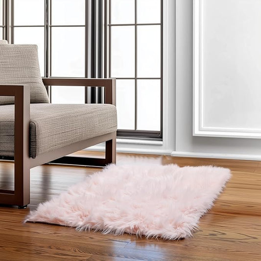 Super Area Rugs Pink Fluffy Rug - Faux Sheepskin Rug, Light Pink 2 x 3 Feet Carpet for Bedroom Living Room