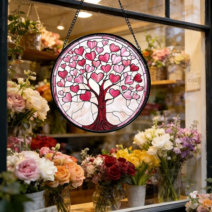 DASTOLL Stained Glass Window Hanging, Valentine's Day Gifts Pink Love Heart Tree Suncatcher Hangings Beige Sun Catchers Decor for Birthday for Women, Men, Wife, Aunt, Mom 6.3 in