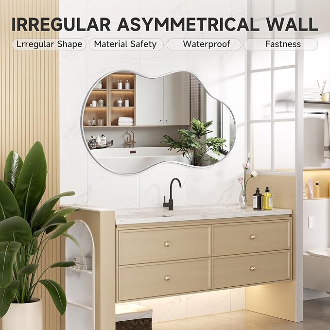 Hasipu Irregular Wall Mirror - 35"x20" Asymmetrical Mirror, Modern Decorative Mirrors for Living Room, Entryway, Hallway, Bathroom, Bedroom,Wall Mounted Home Decor (Silver)