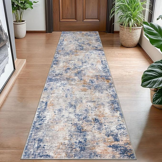 Modern Abstract Hallway Runner Rug, Grey Blue Orange Multi 2x8 Runner Rug, Washable Kitchen Runner Non-Slip Soft Thin Print Faux Wool Carpet for Entryway Bedroom Laundry Room Indoor