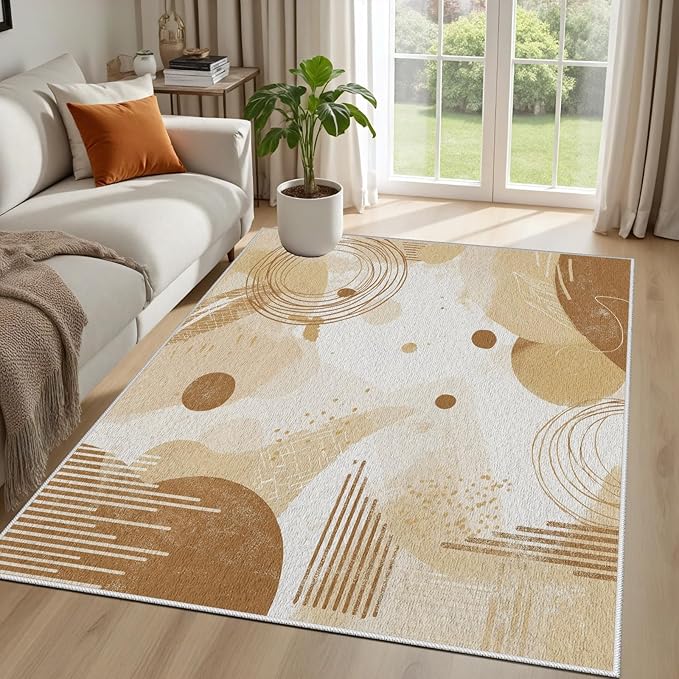Minimalist Abstract Area Rug 5x6 Beige Boho, Modern Washable Geometric Art Carpet, Soft Non-Slip Low-Pile Carpet for Living Room, Bedroom, Kitchen, Dining Room, Pet Friendly, Non-Shedding, Brown