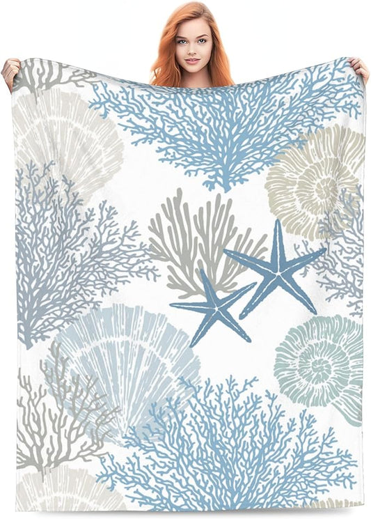 Nautical Coastal Blanket Starfish Seashell Coral Beach Themed Throw Blankets Gifts for Adults Sea Ocean Theme Lightweight Soft Fleece Cozy for Sofa Couch Bed Room Birthday Decor 50x60in