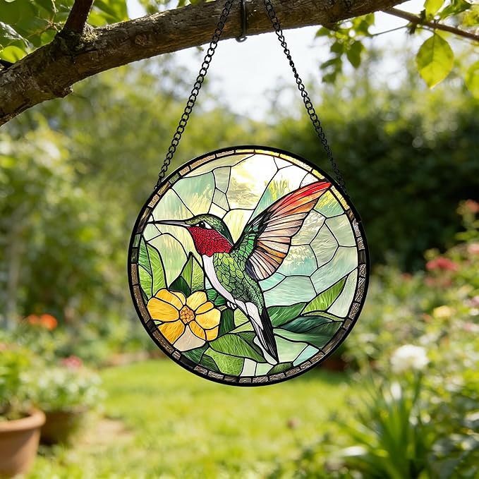 Stained Glass Window Hanging, Green Hummingbird Sun Catcher for Door Home Decor, Birds Suncatcher Christmas Mother's Day Birthday Gifts for Bird Lovers Women Men Mom and Nana 15 in
