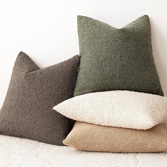 Foindtower Decorative Textured Boucle Throw Pillow Covers Accent Solid Pillow Cases Neutral Soft Cozy Couch Cushion Case for Chair Sofa Bedroom Living Room Home Decor 24x24 Inch,1PC,Moss Green