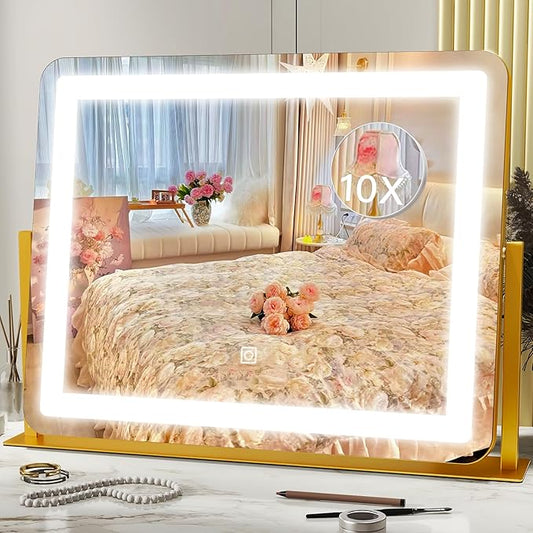 HNV Gold Vanity Makeup Mirror with Lights, 22"x17" Large Lighted Vanity Mirror, Dimmable LED with 3 Color Touch Lighting, Tabletop Mirror for Desk or Bedroom, 360° Rotation
