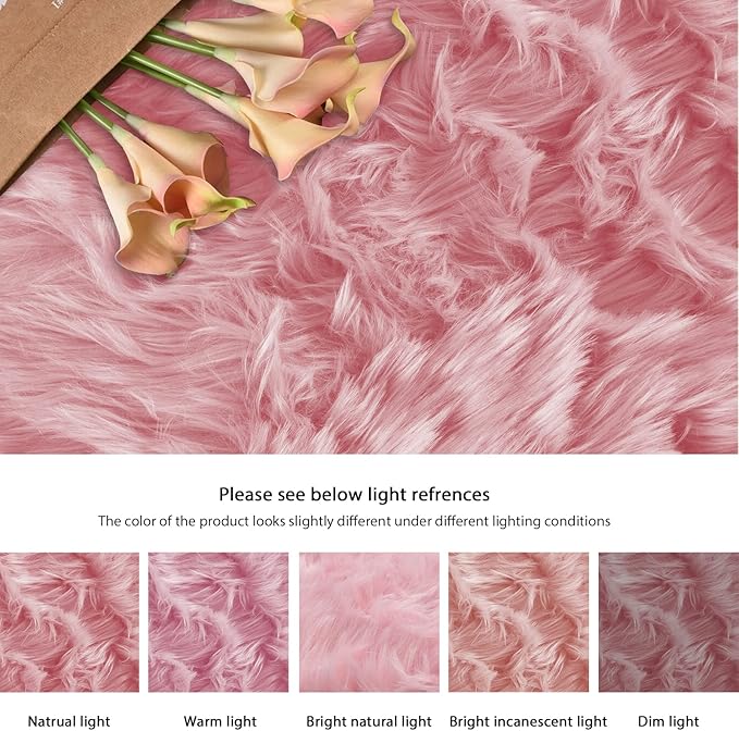 Pink Washable Fluffy Circle Rugs for Bedroom Small Faux Sheepskin Shag Fur Round Rugs 4ft Nursery Rug Cute Room