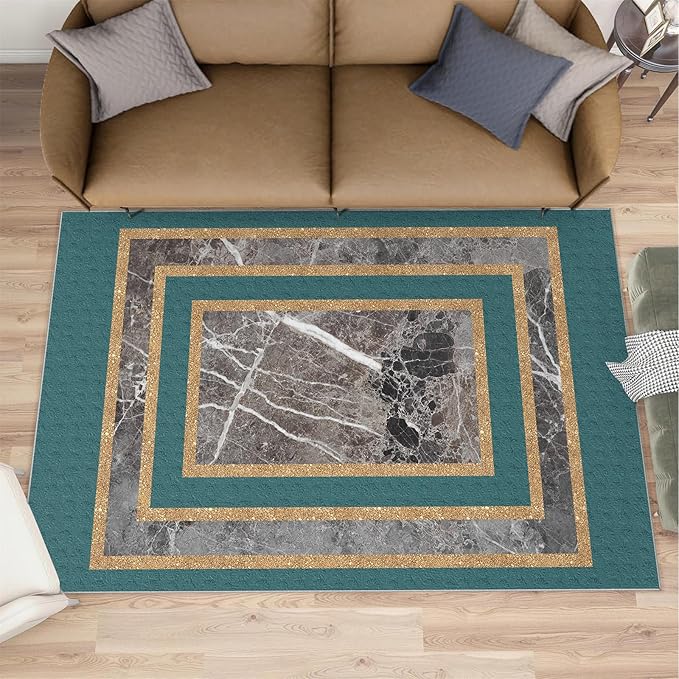 Emerald Green Marble Rug Luxury Teal Marble Area Rug Gilded Geometric Carpet Vintage Stone Crack Carpet for Bedroom Bedside Living Room 7x9ft