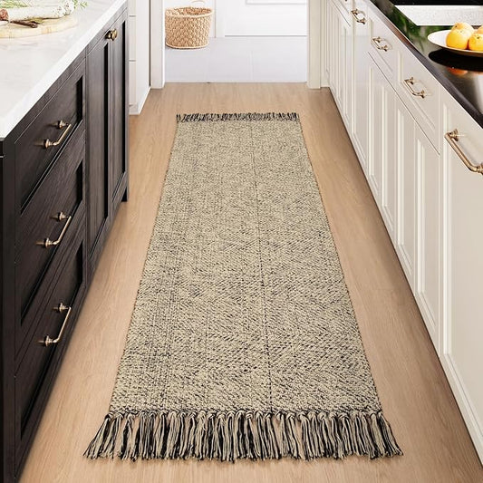 Collive Farmhouse Hallway Runner Rug, 2x6 Hand-Woven Reversible Washable Runners for Kitchen Floor, Natural/Black Cotton Laundry Room Rugs Modern Boho Kitchen Sink Carpet for Bathroom Foyer Bedroom