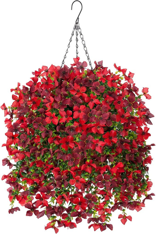 Artificial Hanging Flowers Plants with Basket for Outdoors, Realistic Faux Silk Daisy Flower Eucalyptus for Spring Decor, UV Resistant Fake Plants for Porch Patio Yard Balcony, Red Brown