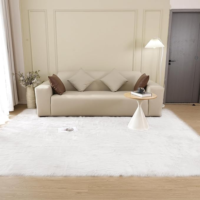 White Fluffy 5x7 Washable Area Rugs for Bedroom Faux Fuzzy Sheepskin Fur Rug for Living Room Nursery Rug