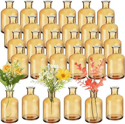Lallisa 30 Pcs 4 Inches Small Glass Bud Vases Bulk Mini Flower Vases for Centerpieces Decorative Glass Bottles Vintage Rustic Decoration for Wedding Dining Table Home Decor (Amber)