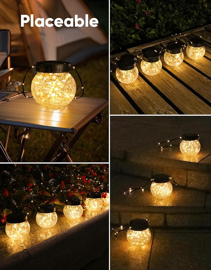 PARTPHONER Solar Lights Outdoor Waterproof 12-Pack, Solar Powered Hanging Lantern Cracked Glass Hanging Globes for Yard Decor Christmas Decoration, Shepherd Hook, Garden Tree Table Ornaments, Warm