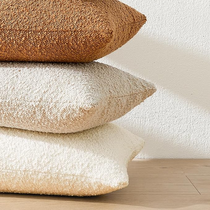 Mixhug Decorative Boucle Throw Pillow Covers, Cream, 12 x 20 Inches, Pack of 2 - Textured Boho Pillow Covers for Couch and Bed