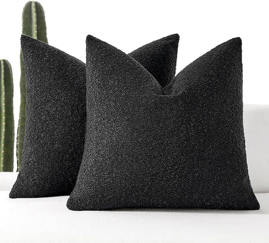 Boucle Decorative Throw Pillow Covers for Couch Set of 2, 18x18 inches, Black